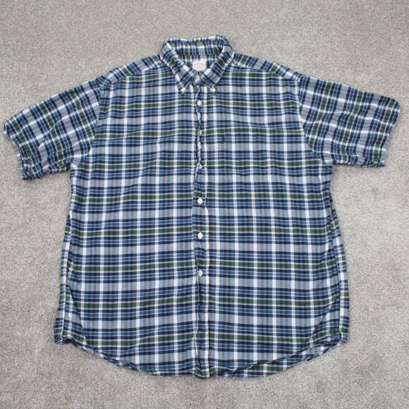 Brooks Brothers 346 Shirt Mens XL Blue/Green Checkered 100% Cotton S/S Button - Picture 1 of 11